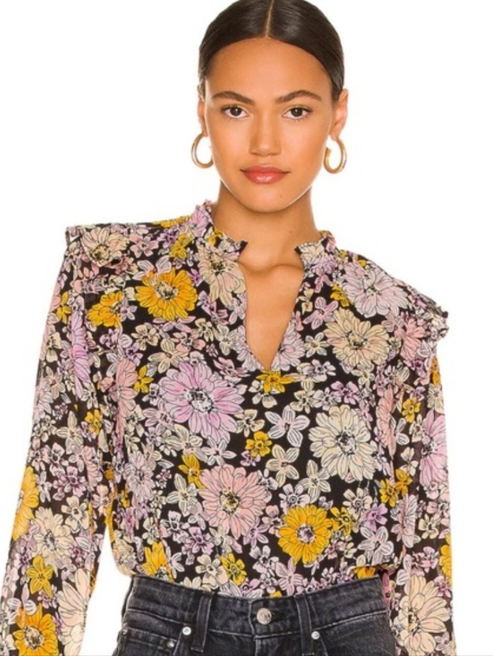 BB Dakota Black Floral Ruffle V-Neck Blouse with Pink & Yellow Blooms